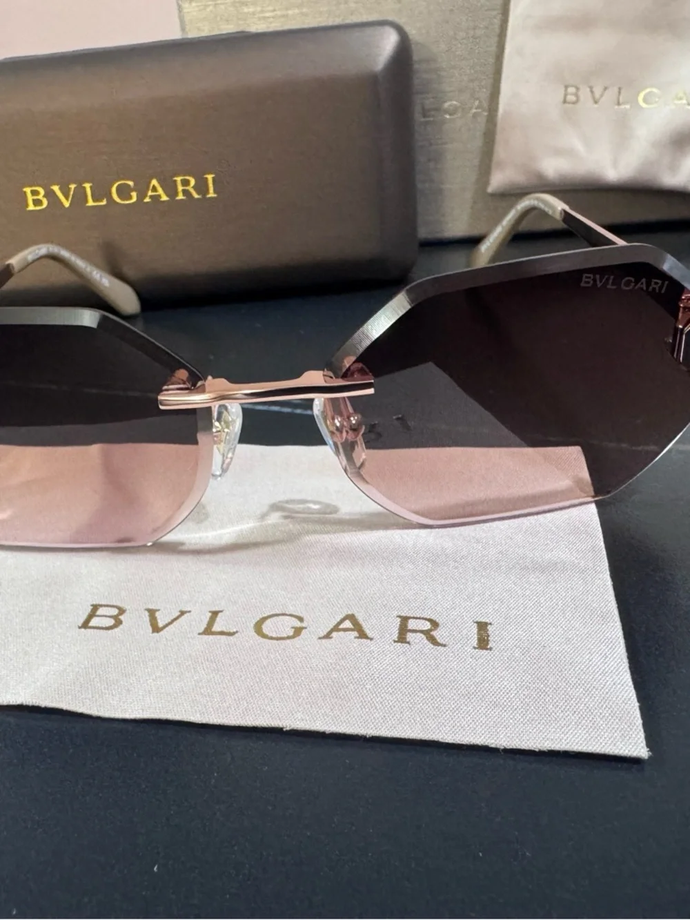 Bulgari Rose-Tint Octagonal Rimless Sunglasses - Picture 15 of 16